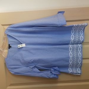 Talbots Light Blue 3/4 Length Blouse with Embroidered Detail, NWT, Size M